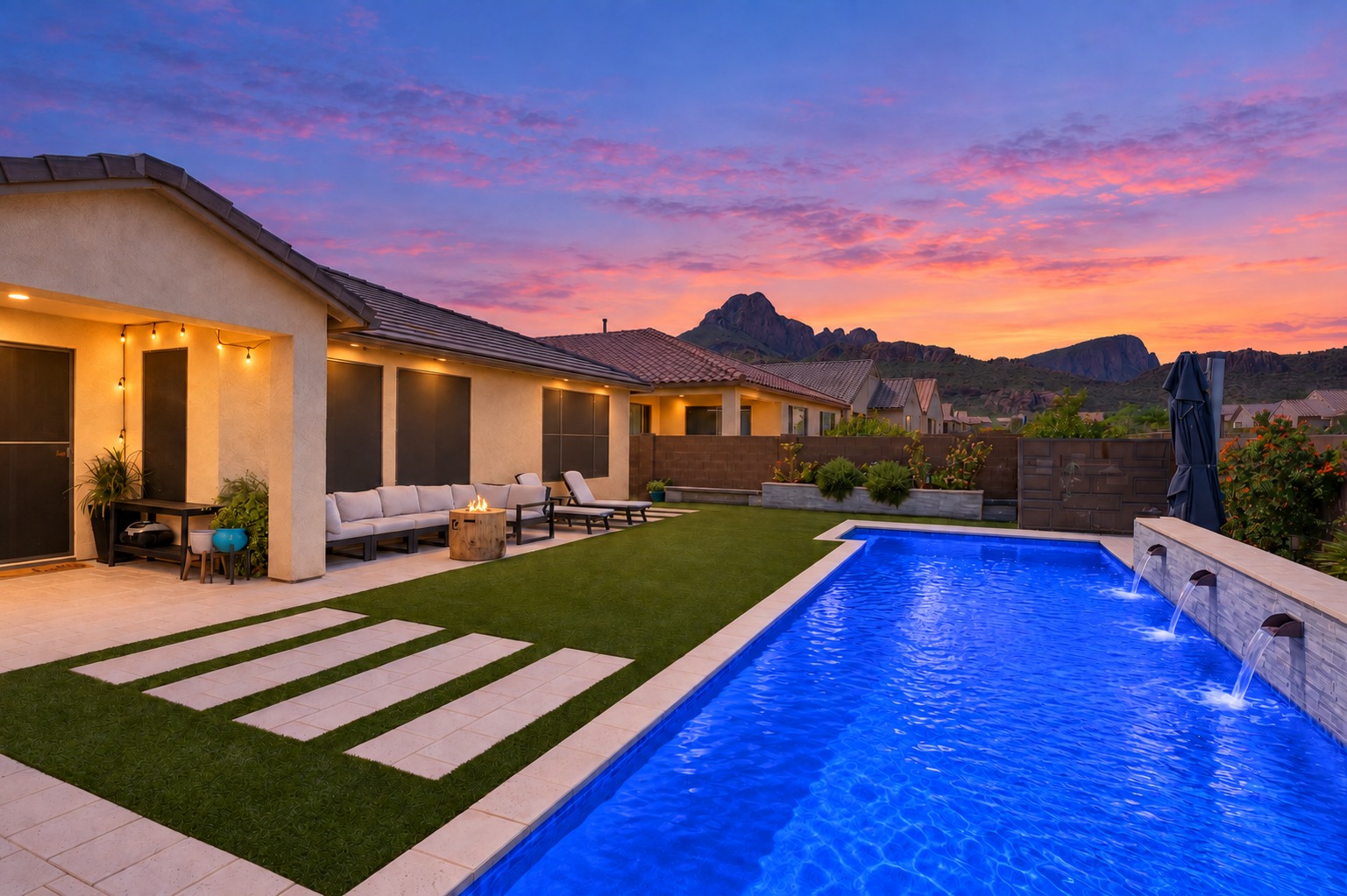 Van Cleeve Lane pool and mountain setting, digitally enhanced virtual twilight