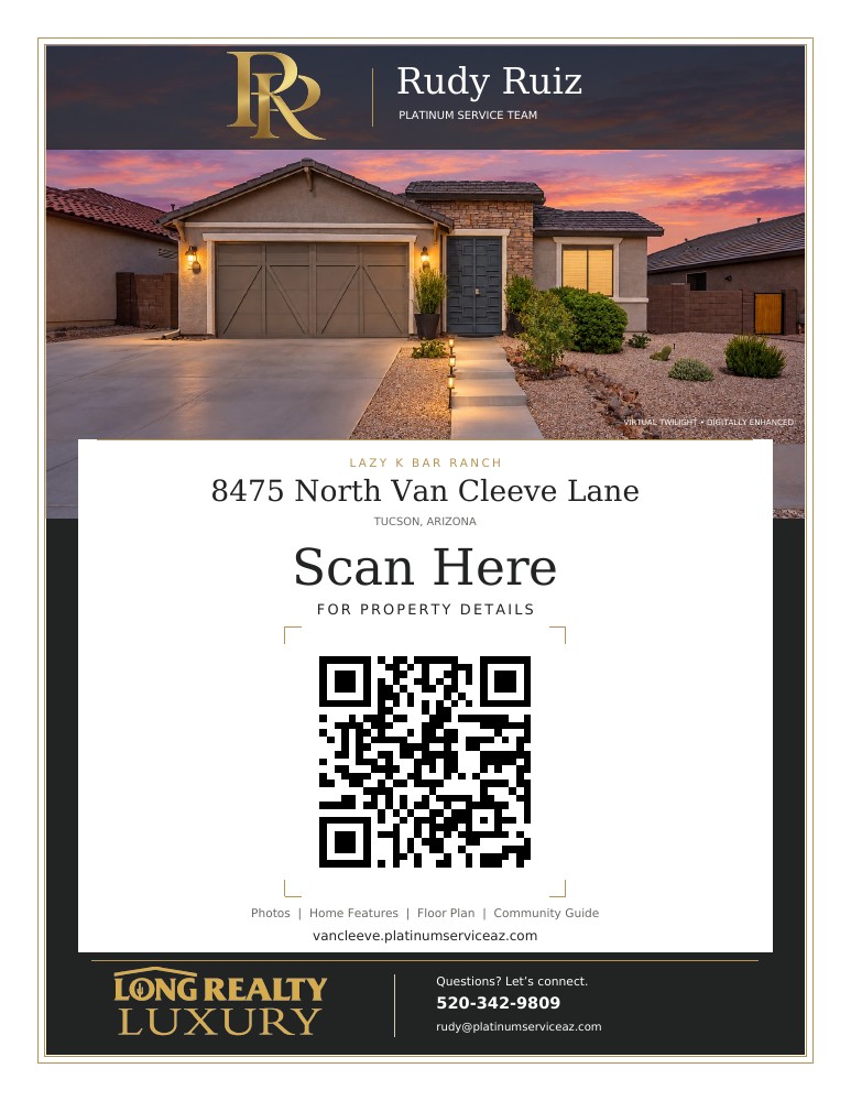 Actual Van Cleeve countertop sign with Rudy Ruiz’s gold RR monogram, Long Realty Luxury branding, property photography and a QR code for the digital guide